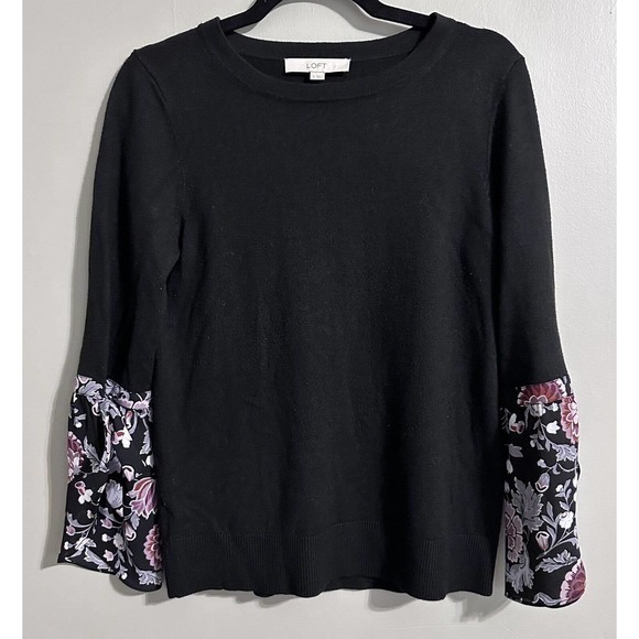 Loft Black Long‎ Sleeve Sweater Top Floral Bell Sleeves Size Small #650 - Picture 1 of 14